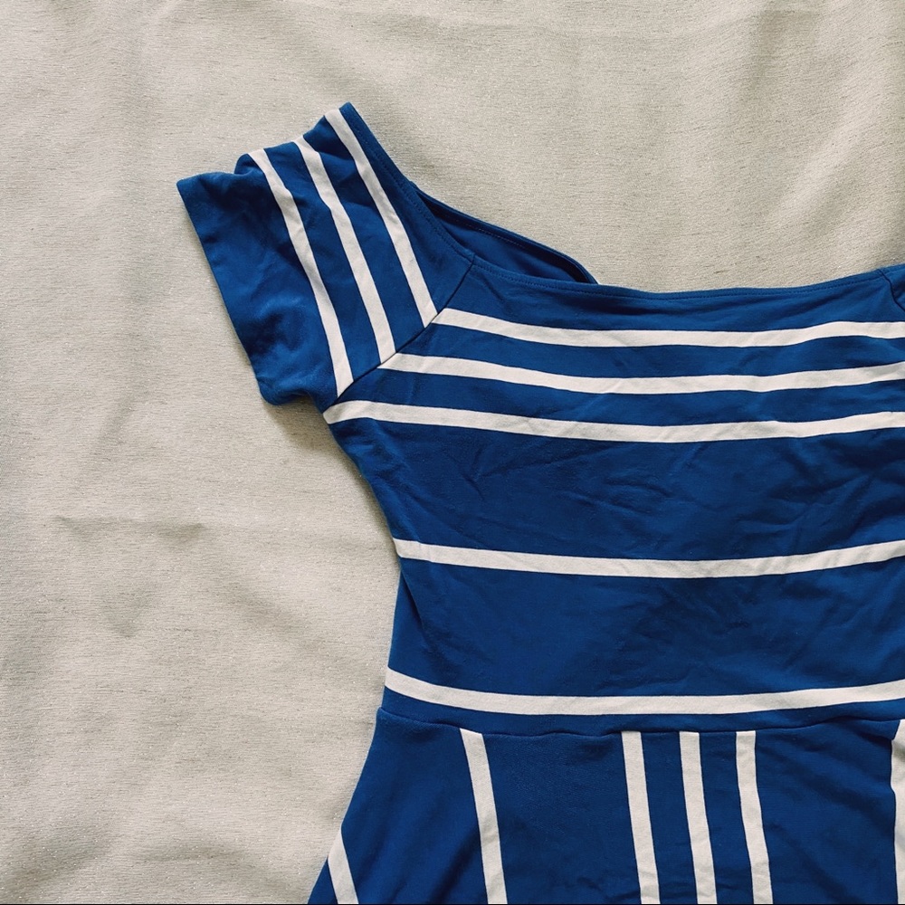 Blue Striped Off-the-Shoulder Knee Length Dress